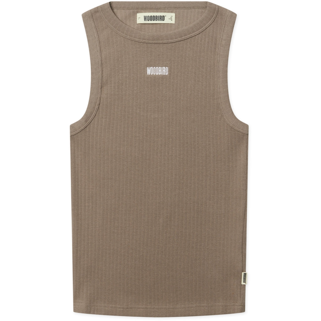 dee base tank top sand van woodbird, flatlay vooraanzicht met geribde structuur
