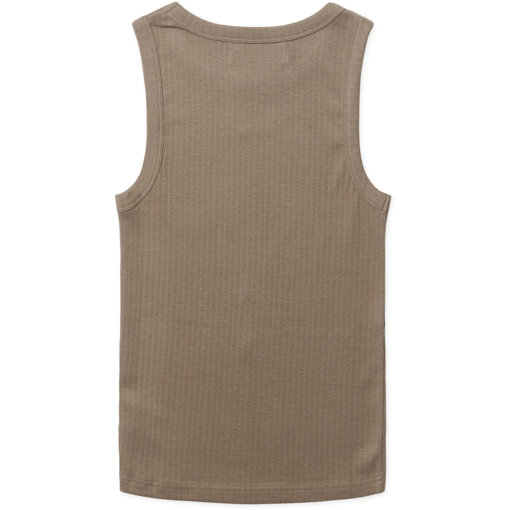 achterkant van de geribde tanktop in zandkleur