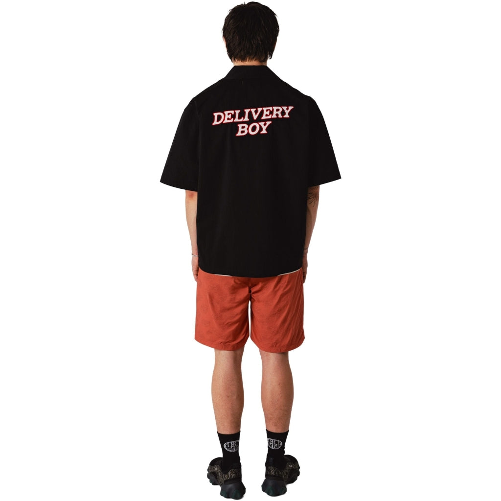 model van achteren met delivery boy graphic op de rug