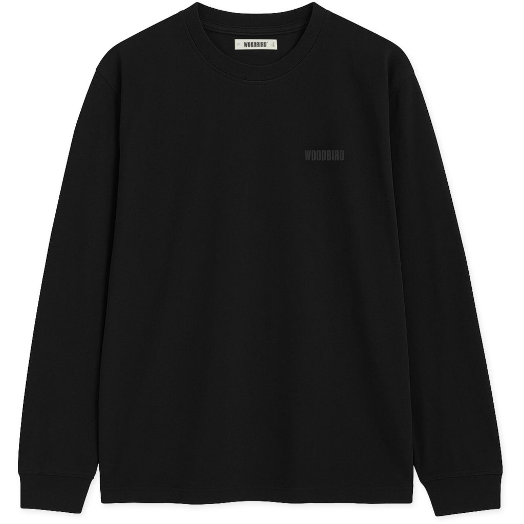 baine longsleeve black van woodbird, flatlay voorkant met logo op de borst