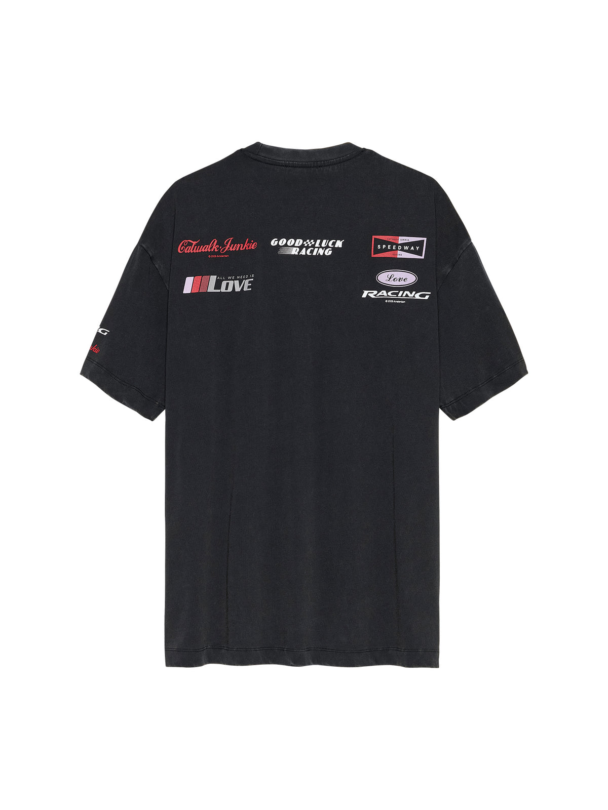 flatlay achterkant van het t-shirt met logo's en racing-print, dark grey