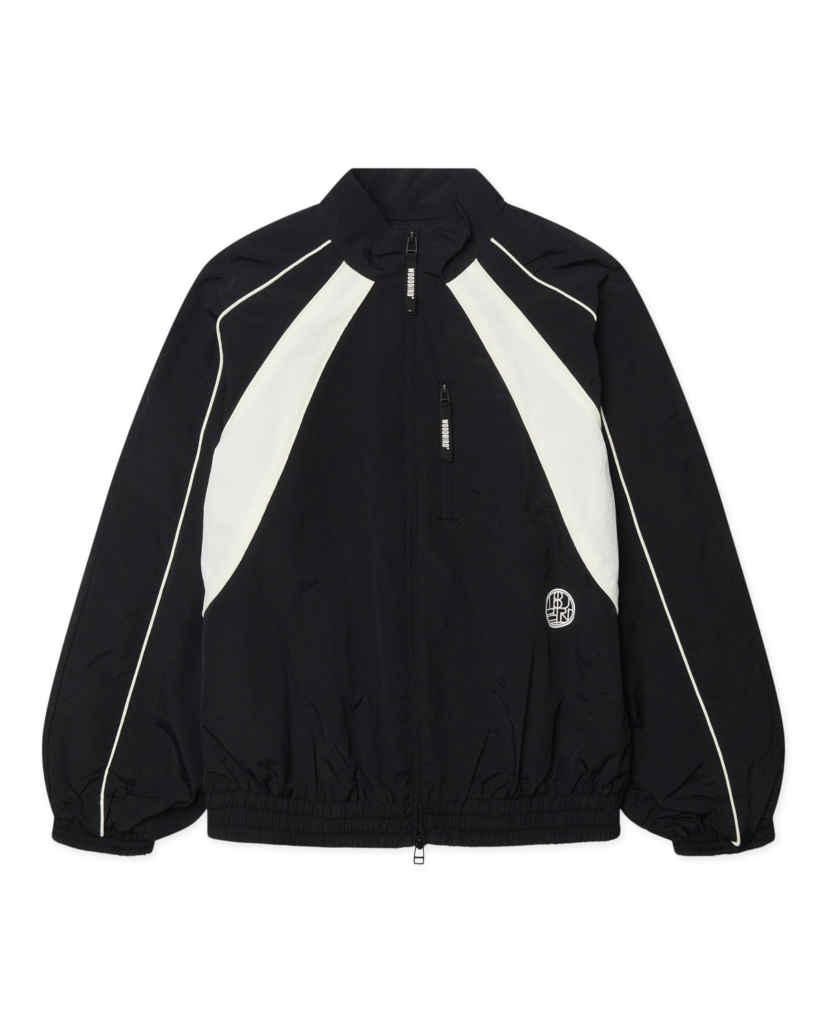 woodbird piko sport jacket in zwart met witte paneeldetails, flatlay voorkant