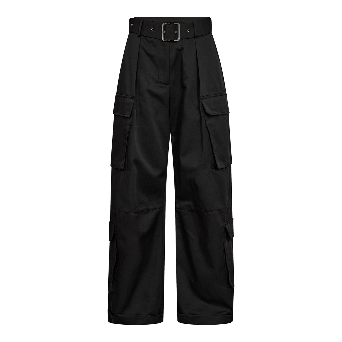 flatlay van zwarte cargo pant met ceintuur en grote zakken, vooraanzicht