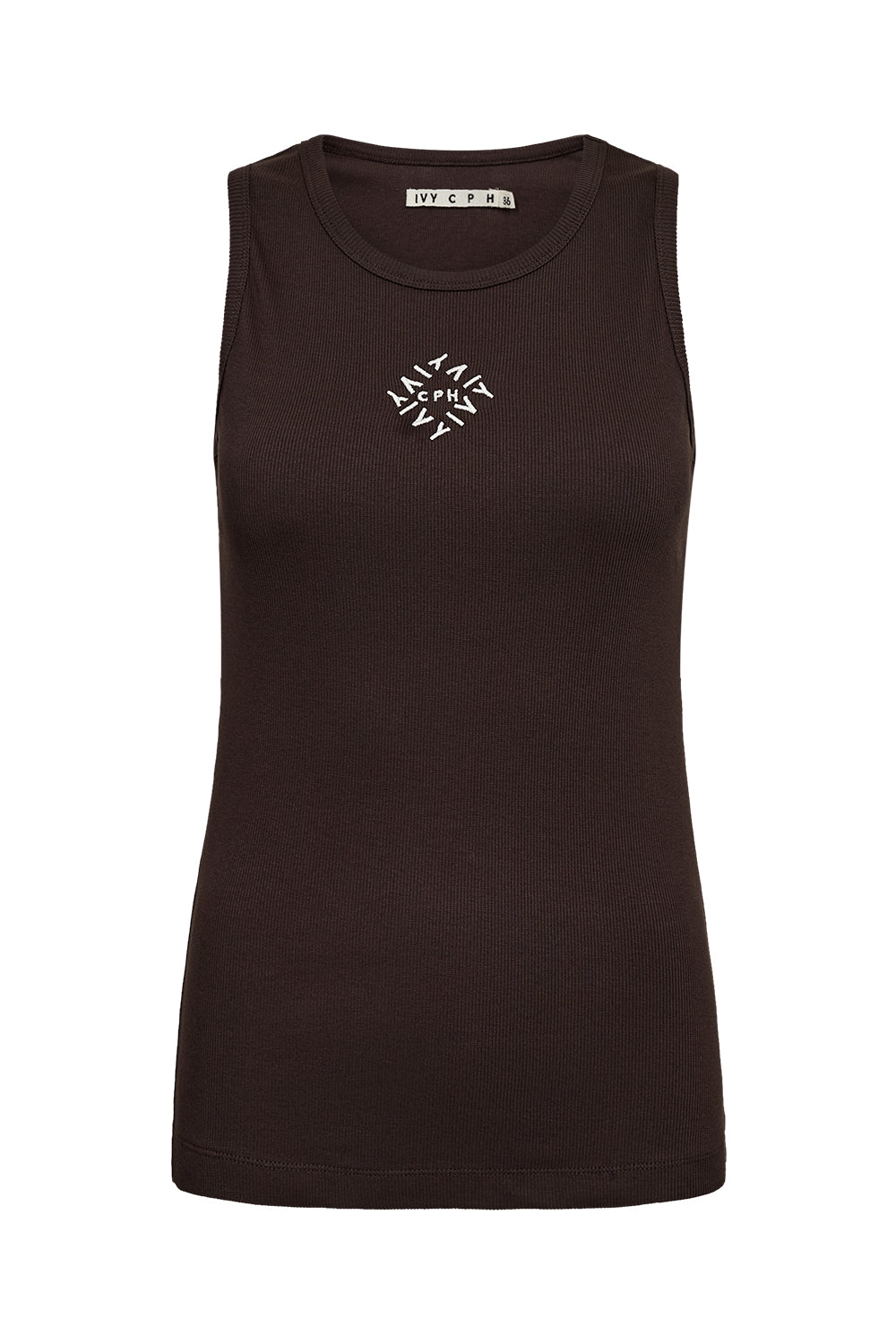 rita tanktop brown van ivy copenhagen, flatlay voorkant met logo op borst