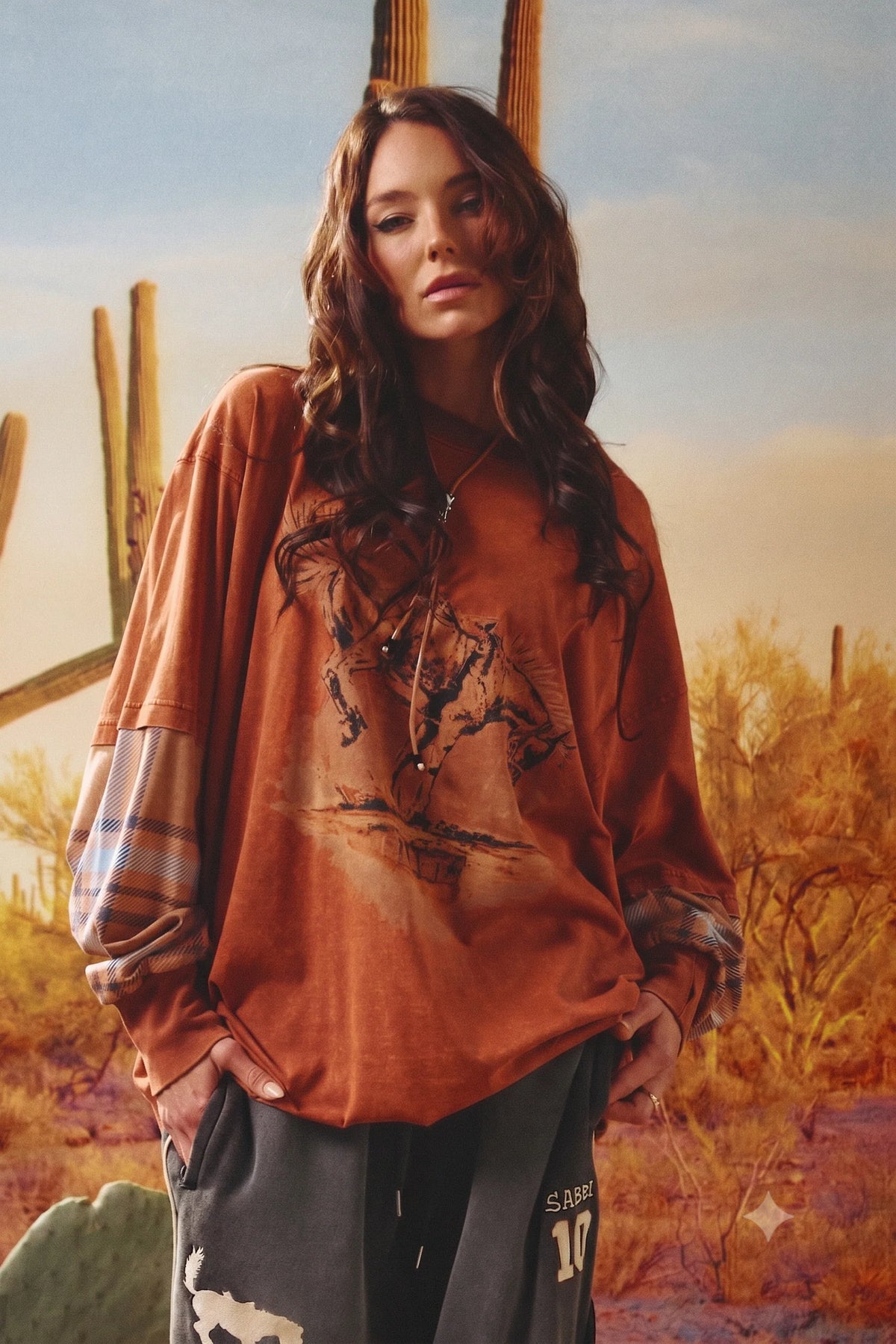 the rodeo romeo ls tee van sabbi, model draagt roestkleurige oversized tee met bucking horse print, vooraanzicht