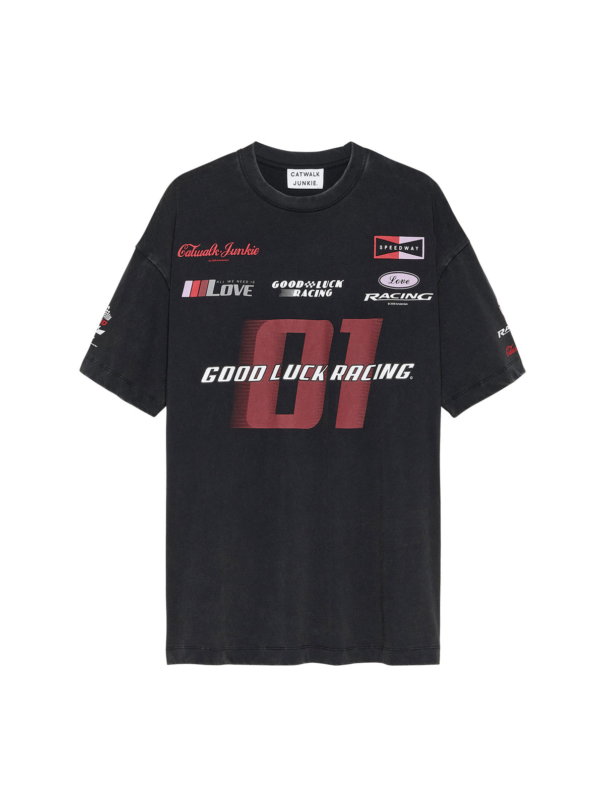 oversized graphic tee van catwalk junkie, flatlay voorkant met racing-prints in dark grey