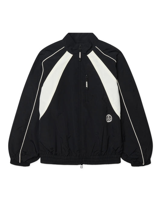 woodbird piko sport jacket in zwart met witte paneeldetails, flatlay voorkant