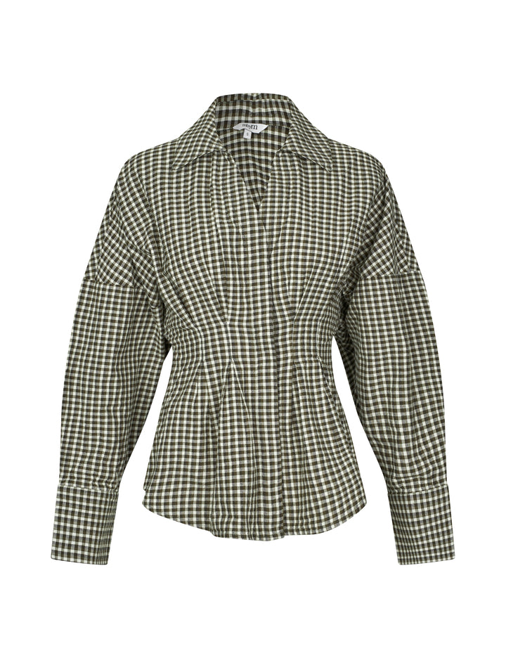 chechi blouse van mbym in olive green ruitprint, flatlay voorkant met getailleerde pasvorm