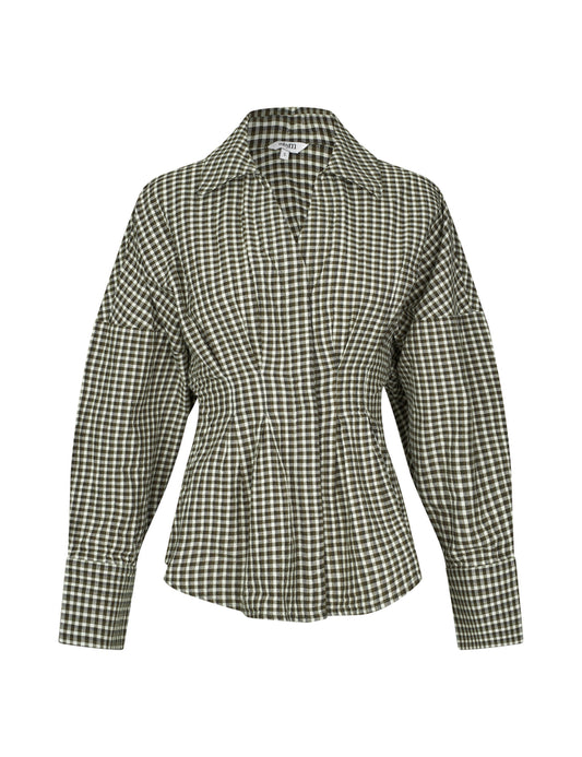 chechi blouse van mbym in olive green ruitprint, flatlay voorkant met getailleerde pasvorm