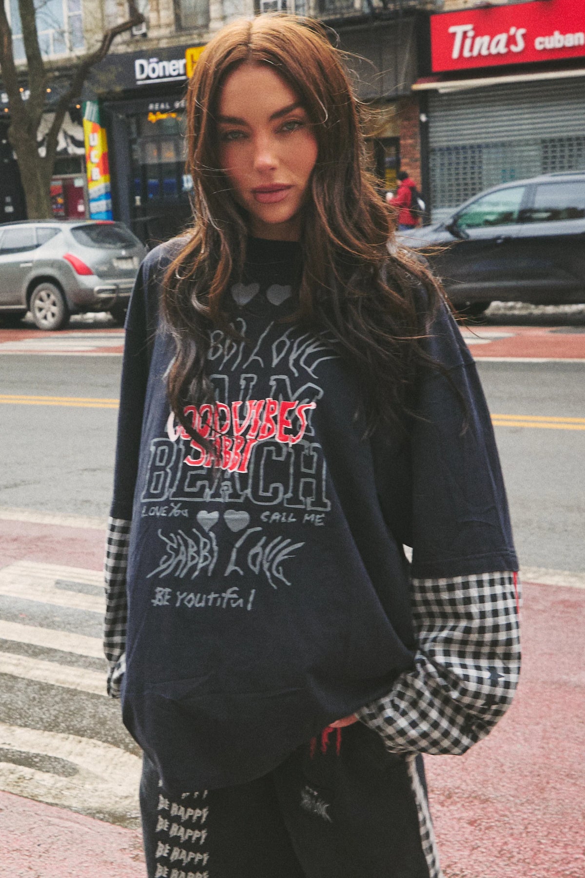 The Be Happy Gingham LS Tee